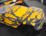 Camo pre-cut vinyl Paint Masking Stencils installed in an Arrma body and ready to paint.