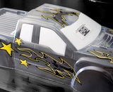 Carbon Fire reverse printed stickers inside a polycarbonate RC truck body, ready for paint.