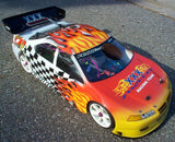 Double Flames RC Car pre-cut vinyl paint mask on a nitro Touring car body shell. Distorted Checkers custom paint job.