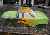 RC Crawler body with pre-cut vinyl Double Flames paint masking kit installed.