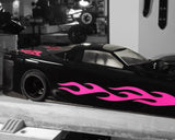 RC Dragster body shell custom painted black with pink flames using Flame Stripes vinyl Paint Masking Stencils.