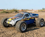 HPI Stadium Truck custom painted blue and silver with yellow and red Flames Stripes using vinyl Paint Masks.