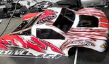 Custom painted Traxxas Slash RC body shell with Fury pre-cut vinyl RC Paint Masking Stencil