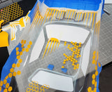 Honeycomb pre-cut vinyl RC Car Paint Masking Templates installed in a Radio Control Drag Body.