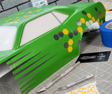 Hexagon custom RC Drag Car Body Painting using xxx main pre-cut Honeycomb Paint Masking Stencils.