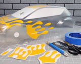 Large Drips pre-cut Vinyl Paint Masks installed on Lexan RC Rally Car Body and ready to paint