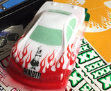 Micro RC Touring Car body shell painted with Micro Tribal Flames vinyl masking stencils.