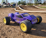 Custom painted purple TLR race truck with Pro Flames pre-cut vinyl masking stencils.