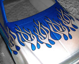 Blue RC truck body shell hood painted with silver Pro Flames vinyl masking stencils.