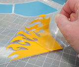 Razor Flames RC Vinyl Paint Mask installed in a body shell and Transfer Tape removed