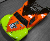Losi 5T RC body custom painted with Saw Blade pre-cut vinyl Paint Mask in yellow, orange, and black. 