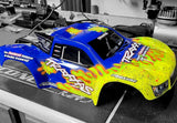 Traxxas Slash custom painted RC Body using xxx main Splatter Drips pre-cut vinyl Paint Masks.