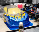 Tamiya Lexan RC Touring Car body custom painted using xxx main pre-cut vinyl Tribal Flames Paint Masking Templates.