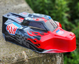 1/8 RC buggy body shell custom painted with USA Flags and Fatty Flames pre-cut vinyl Paint Masking Stencils.