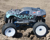 Custom painted RC Monster Truck body using xxx main Wicked Flames pre-cut vinyl paint masking stencils.