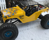 Wicked Flames vinyl body stickers on the hood of a Jeep RC Crawler painted yellow.