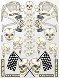 Skeletons RC sticker sheet peel-and-stick decals. Printed on clear flexible vinyl for body shells.
