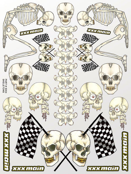 Skeletons RC sticker sheet peel-and-stick decals. Printed on clear flexible vinyl for body shells.