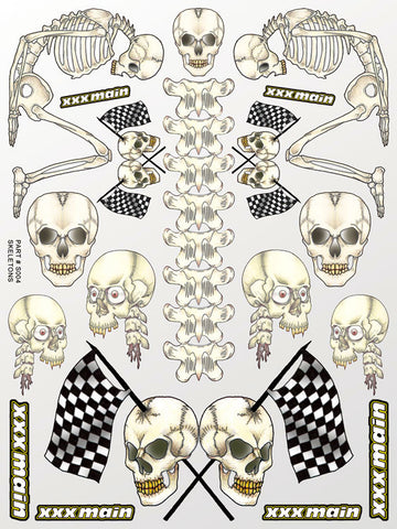 Skeletons RC sticker sheet peel-and-stick decals. Printed on clear flexible vinyl for body shells.