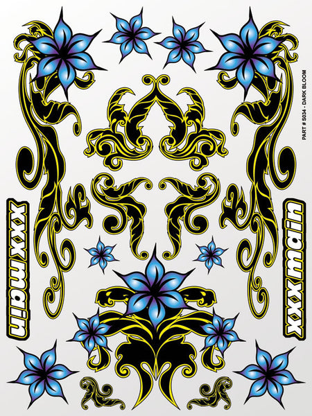 Dark Bloom RC sticker sheet. Printed on clear flexible vinyl. Trim, peel, and stick radio control detailing decals.