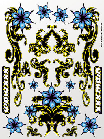 Dark Bloom RC sticker sheet. Printed on clear flexible vinyl. Trim, peel, and stick radio control detailing decals.