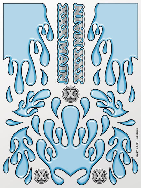 Drippin' blue drips RC Decal sheet printed on clear flexible vinyl. Trim, peel, and stick.