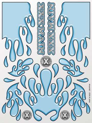 Drippin' blue drips RC Decal sheet printed on clear flexible vinyl. Trim, peel, and stick.