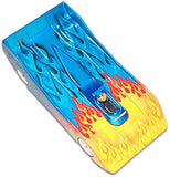 Yellow, red, and blue custom painted RC car body shell with Flame Stripes vinyl paint mask design.
