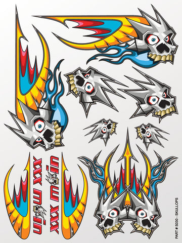 Skullops vinyl RC car body external stickers. Printed on clear flexible material.