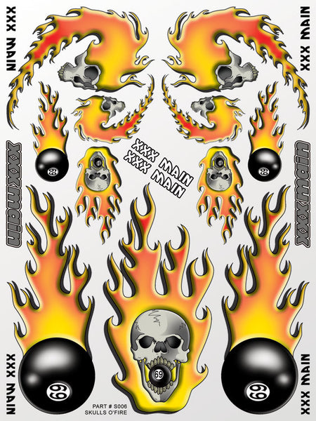 Skulls O'Fire vinyl RC sticker sheet for the outside of polycarbonate body shells.