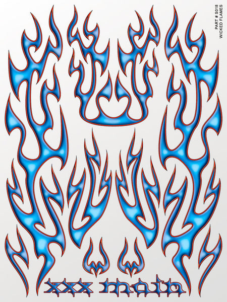Wicked Flames RC sticker sheet. Full color printed decals on clear flexible vinyl. Trim, peel, and stick.