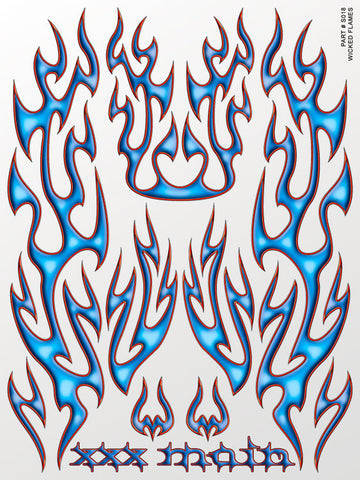 Wicked Flames RC sticker sheet. Full color printed decals on clear flexible vinyl. Trim, peel, and stick.